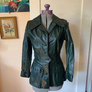 VTG Dark Green Genuine Leather Coat Jacket Sz S Fitted Pockets Unlined *Flawed*